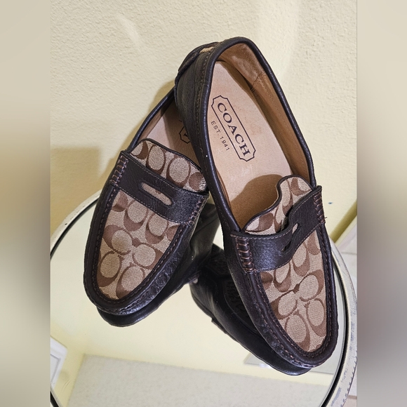 COACH Men's Brown Logo Canvas Penny Loafers with Dark Brown Trim - Picture 8 of 9